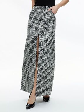 Alice + Olivia Rye Tweed Maxi Skirt Black White High Front Slit Mid Rise Size 12